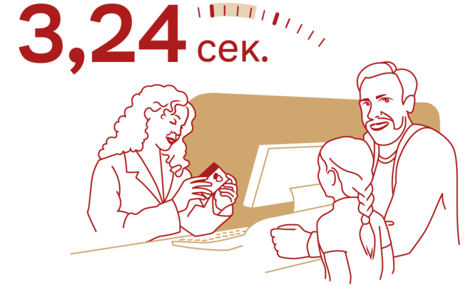 На сликата се прикажани три фигури: жена во службена облека која зборува со двајца луѓе, веројатно родител и дете. Над нив, пишано е „3,24 сек.“ што сугерира кратко време на интеракција.